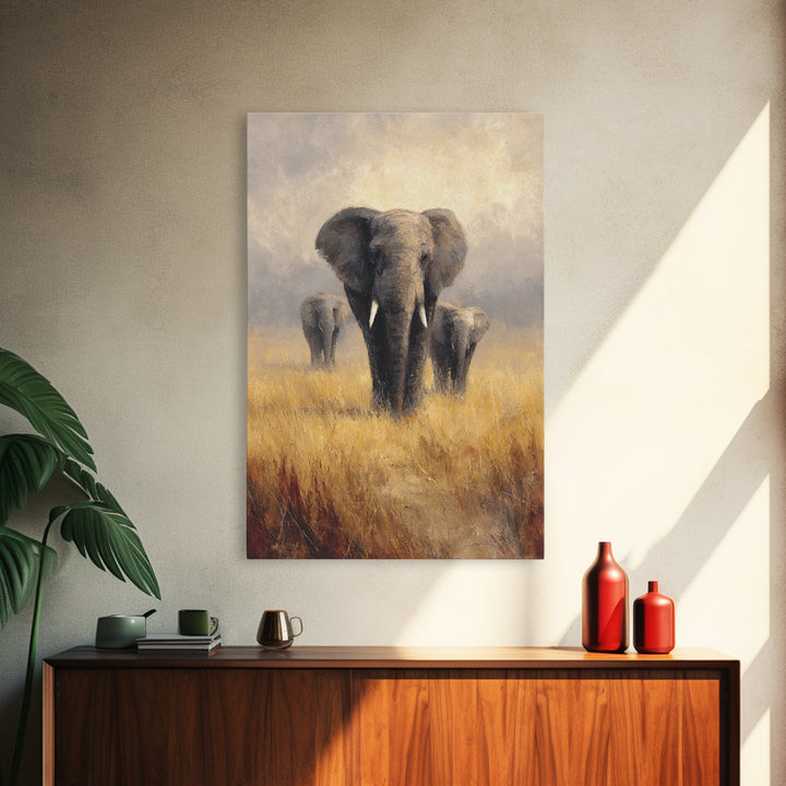 Elephant Family Walking Through Dusty Golden Light Canvas Print, Animal Art, Textured Painting, Living Room Decor, Creature, ANI-2x3-46