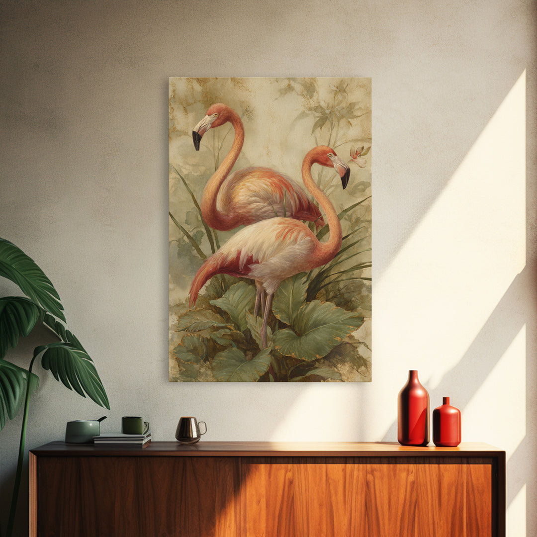 Flamingo Pair in Elegant Coral and Cream Framed Canvas Print, Animal Art, Room Decor, Living Room Decor, Oil Painting, Creature, ANI-2x3-51