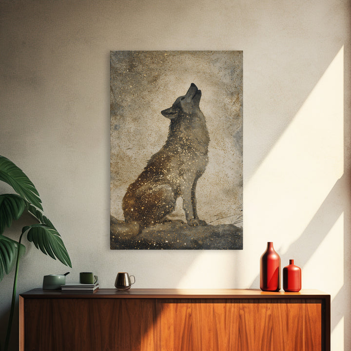 Wolf Silhouette Beneath a Star Filled Sky Canvas Print, Animal Art, Minimalist Decor, Living Room Decor, Fine Art, Creature, ANI-2x3-54
