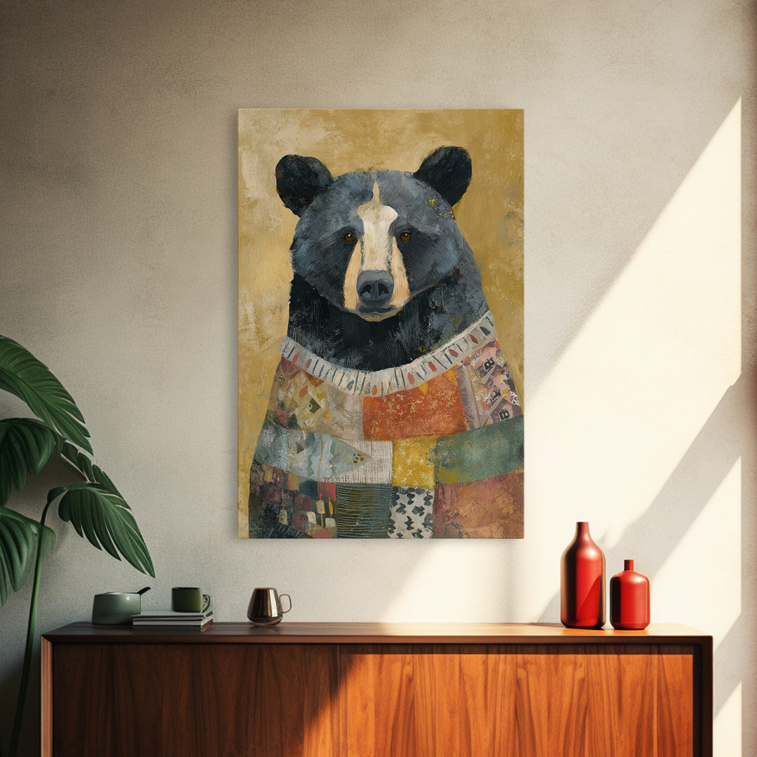 Whimsical Bear in a Patterned Sweater with Canvas Print, Animal Art, Digital Prints, Living Room Decor, Fine Art, Creature, ANI-2x3-58