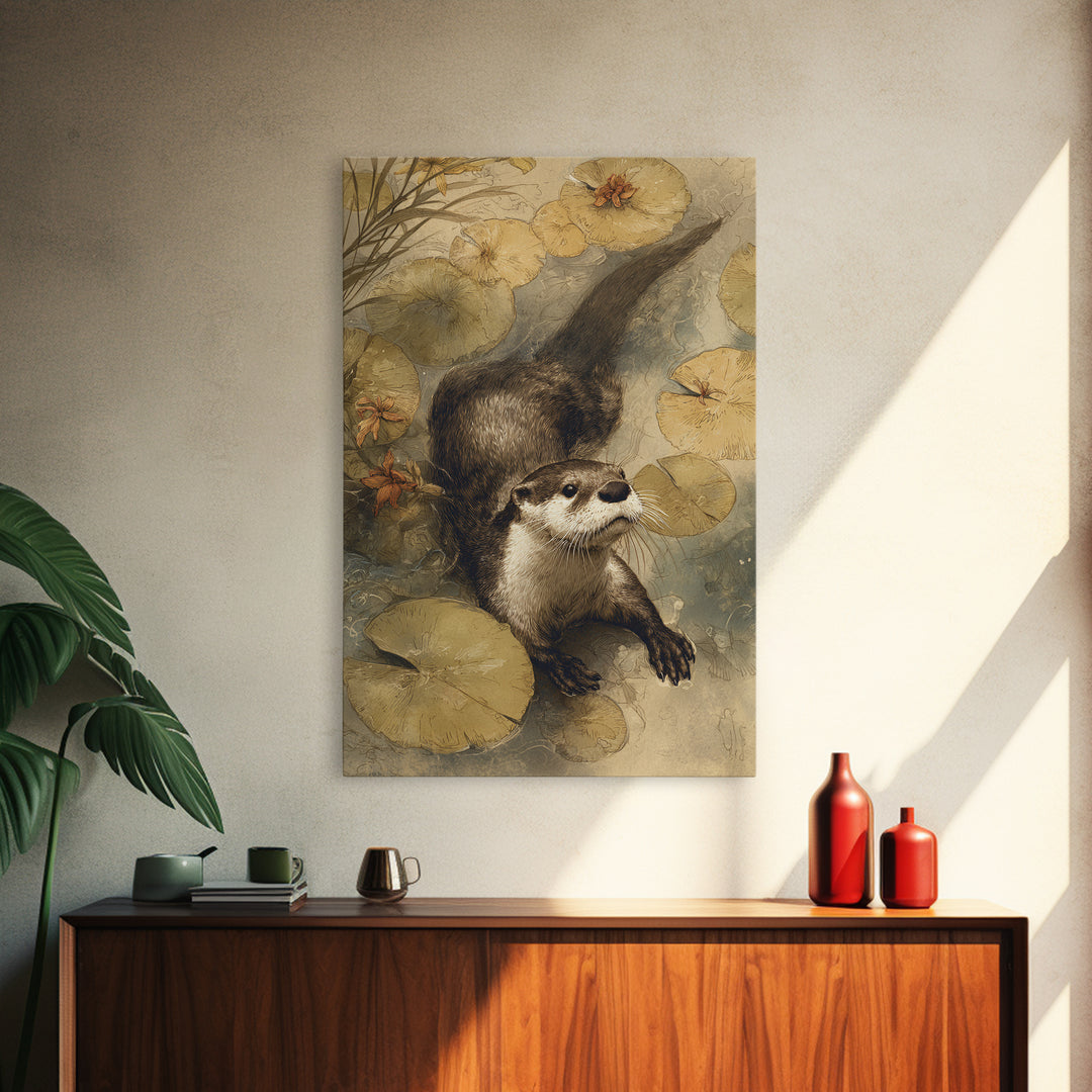 Playful Otter Floating Among Lily Pads Framed Canvas Print, Animal Art, Room Decor, Living Room Decor, Fine Art, Creature, ANI-2x3-64