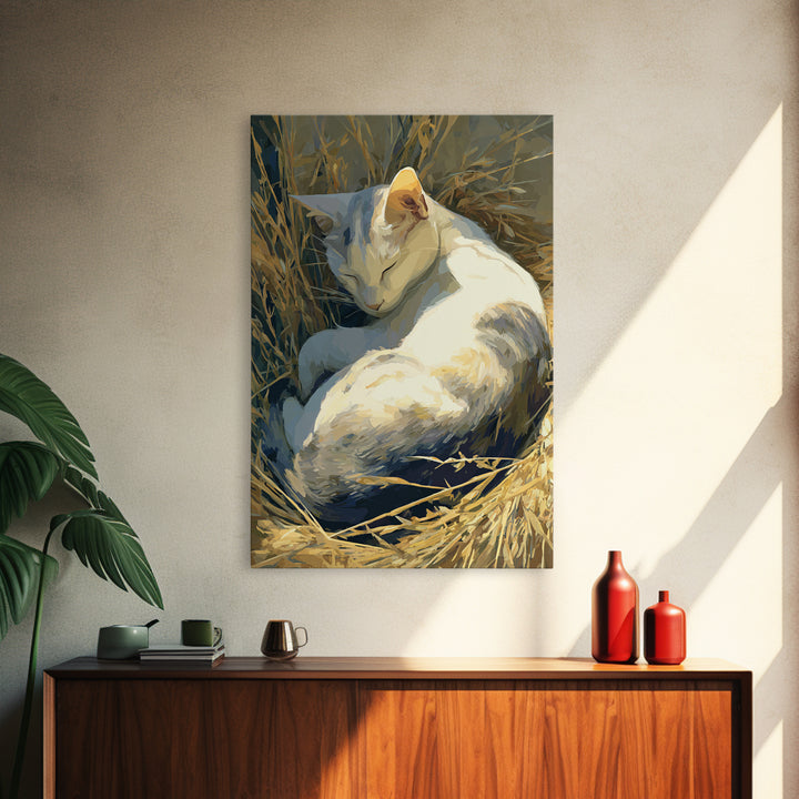 Sleeping Cat Curled Framed Canvas Print, Animal Art, Printable, Living Room Decor, Fine Art, Creature, Nursery, Boho Wall Art, ANI-2x3-68