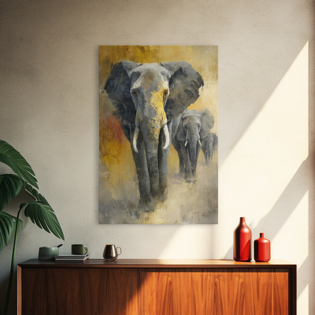 Elephant Family Walking Through Dusty Golden Light Canvas Print, Animal Art, Art, Living Room Decor, Fine Art, Creature, ANI-2x3-70