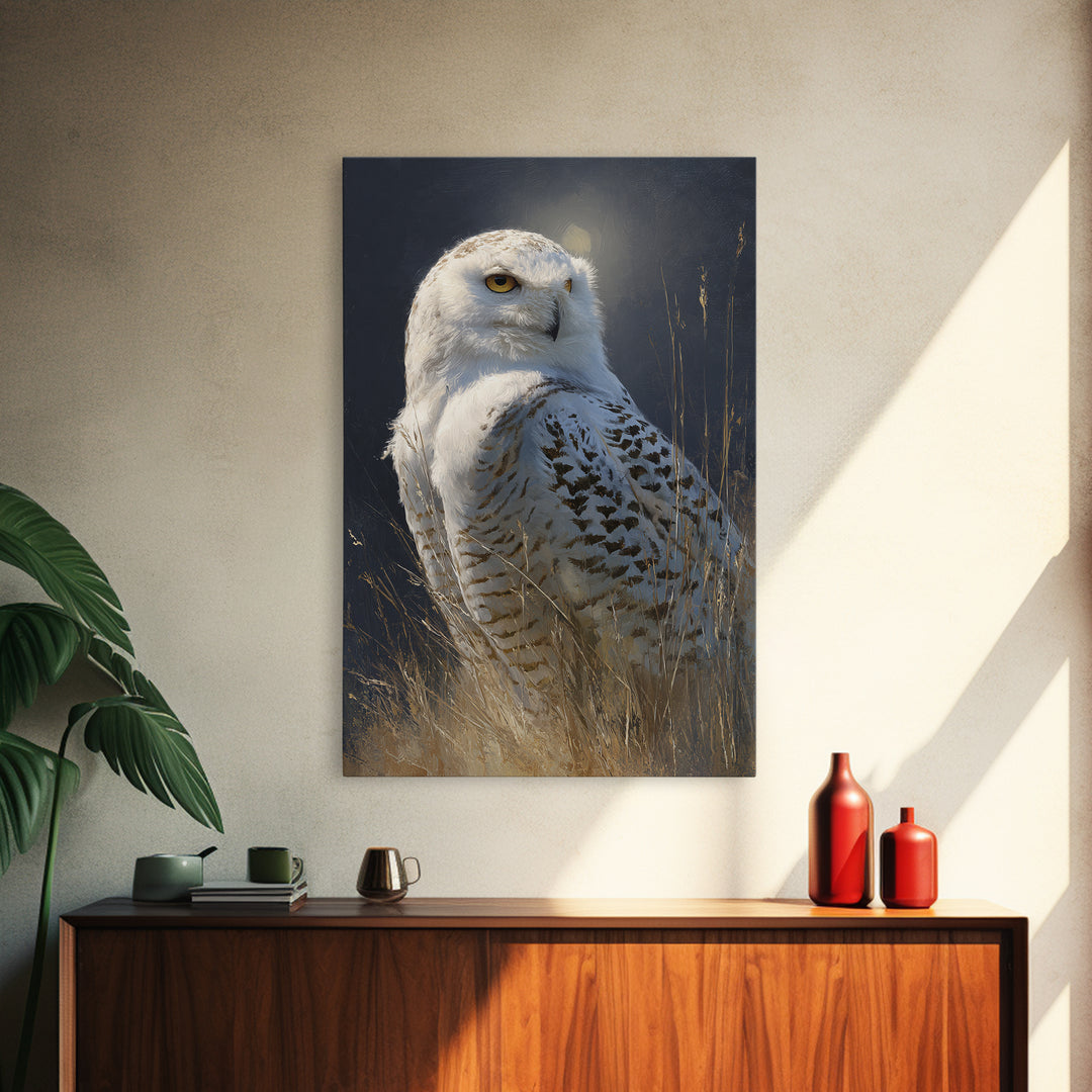 Owl with Moonlit Feathers and Celestial Accents Canvas Print, Animal Art, Print, Living Room Decor, Fine Art, Creature, ANI-2x3-71