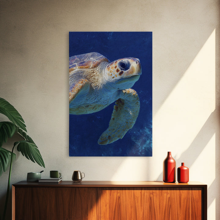 Sea Turtle Drifting Through Luminous Blue Water Framed Canvas Print, Animal Art, Living Room Decor, Watercolor Art, Creature, ANI-2x3-74