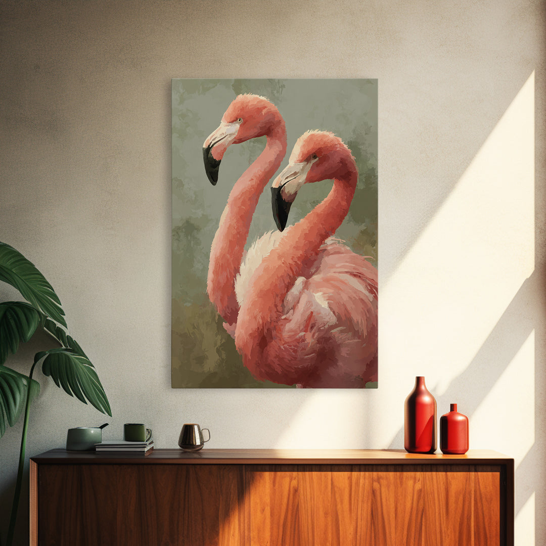 Flamingo Pair in Elegant Coral and Cream Framed Canvas Print, Animal Art, Digital Art, Living Room Decor, Fine Art, Creature, ANI-2x3-75