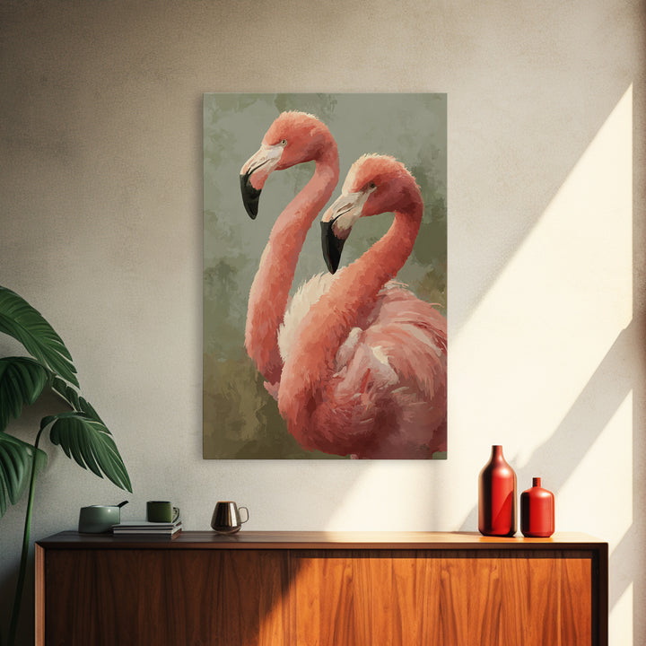 Flamingo Pair in Elegant Coral and Cream Framed Canvas Print, Animal Art, Digital Art, Living Room Decor, Fine Art, Creature, ANI-2x3-75