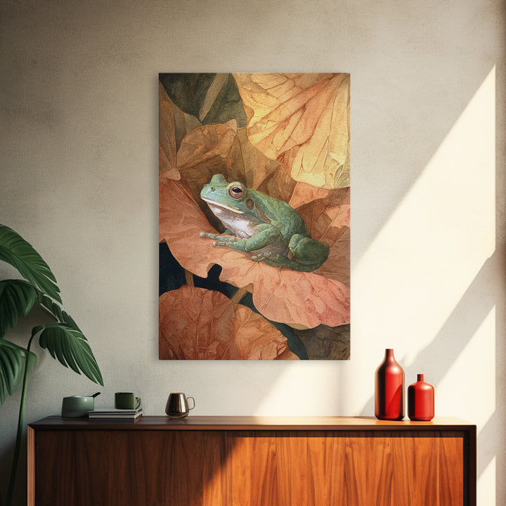 Frog on a Lotus Leaf Framed Canvas Print, Animal Art, Nursery Wall Art, Living Room Decor, Fine Art, Creature, Trendy Wall Art, ANI-2x3-76