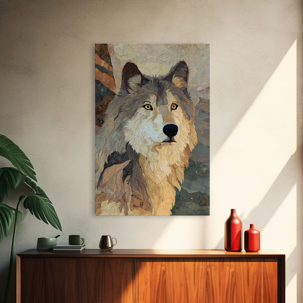 Wolf Silhouette Beneath a Star Filled Sky Framed Canvas Print, Animal Art, Decor, Living Room Decor, Fine Art, Creature, ANI-2x3-78