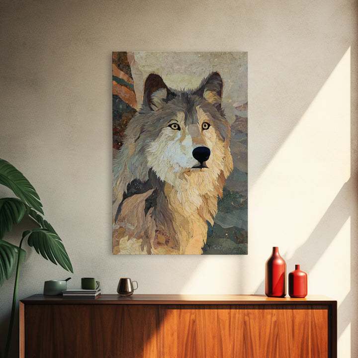 Wolf Silhouette Beneath a Star Filled Sky Framed Canvas Print, Animal Art, Decor, Living Room Decor, Fine Art, Creature, ANI-2x3-78