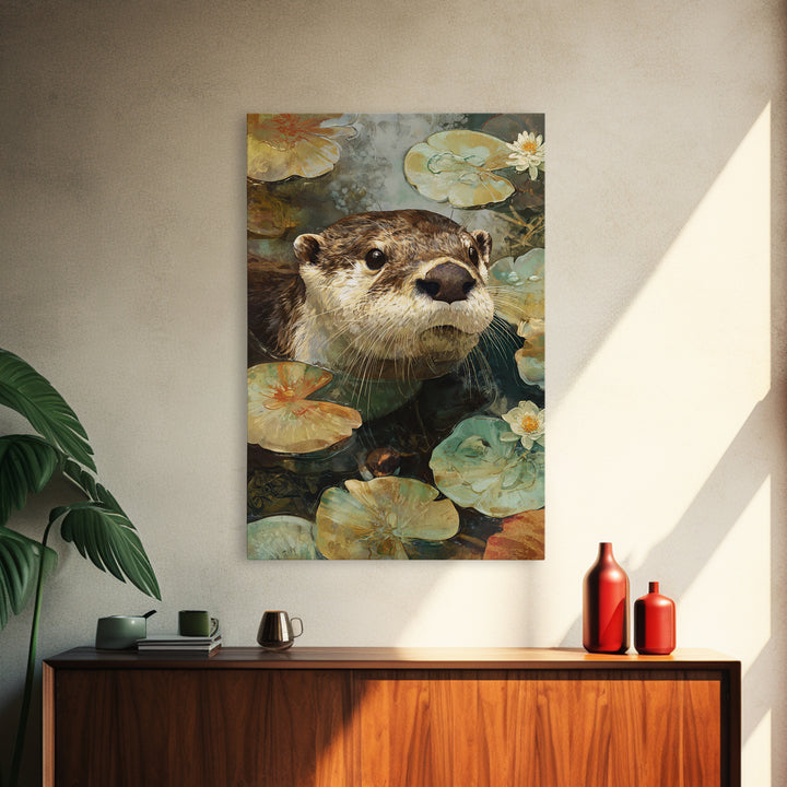 Playful Otter Floating Among Lily Pads Framed Canvas Print, Animal Art, Digital Art, Living Room Decor, Fine Art, Creature, ANI-2x3-88