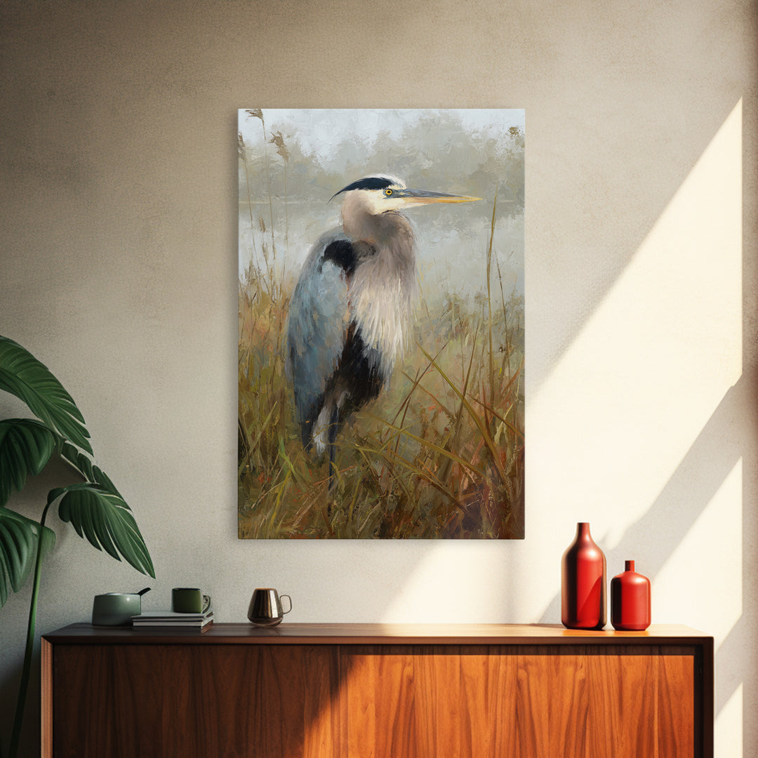 Blue Heron Standing Canvas Print, Animal Art, Digital Print, Living Room Decor, Fine Art, Creature, Colorful Wall Art, ANI-2x3-91