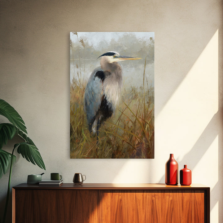 Blue Heron Standing Canvas Print, Animal Art, Digital Print, Living Room Decor, Fine Art, Creature, Colorful Wall Art, ANI-2x3-91