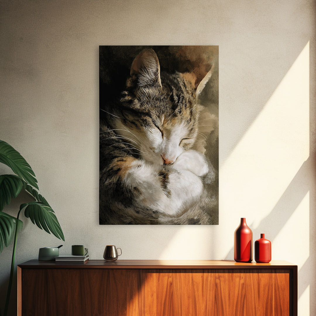 Sleeping Cat Curled Framed Canvas Print, Animal Art, Gallery Decor, Living Room Decor, Abstract Art, Creature, Contemporary Art, ANI-2x3-92