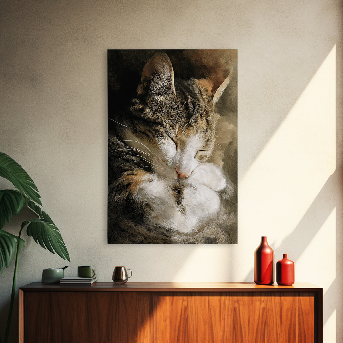 Sleeping Cat Curled Framed Canvas Print, Animal Art, Gallery Decor, Living Room Decor, Abstract Art, Creature, Contemporary Art, ANI-2x3-92