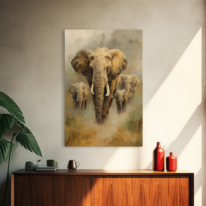 Elephant Family Walking Through Dusty Golden Light Framed Canvas Print, Animal Art, Printable, Living Room Decor, Creature, ANI-2x3-94
