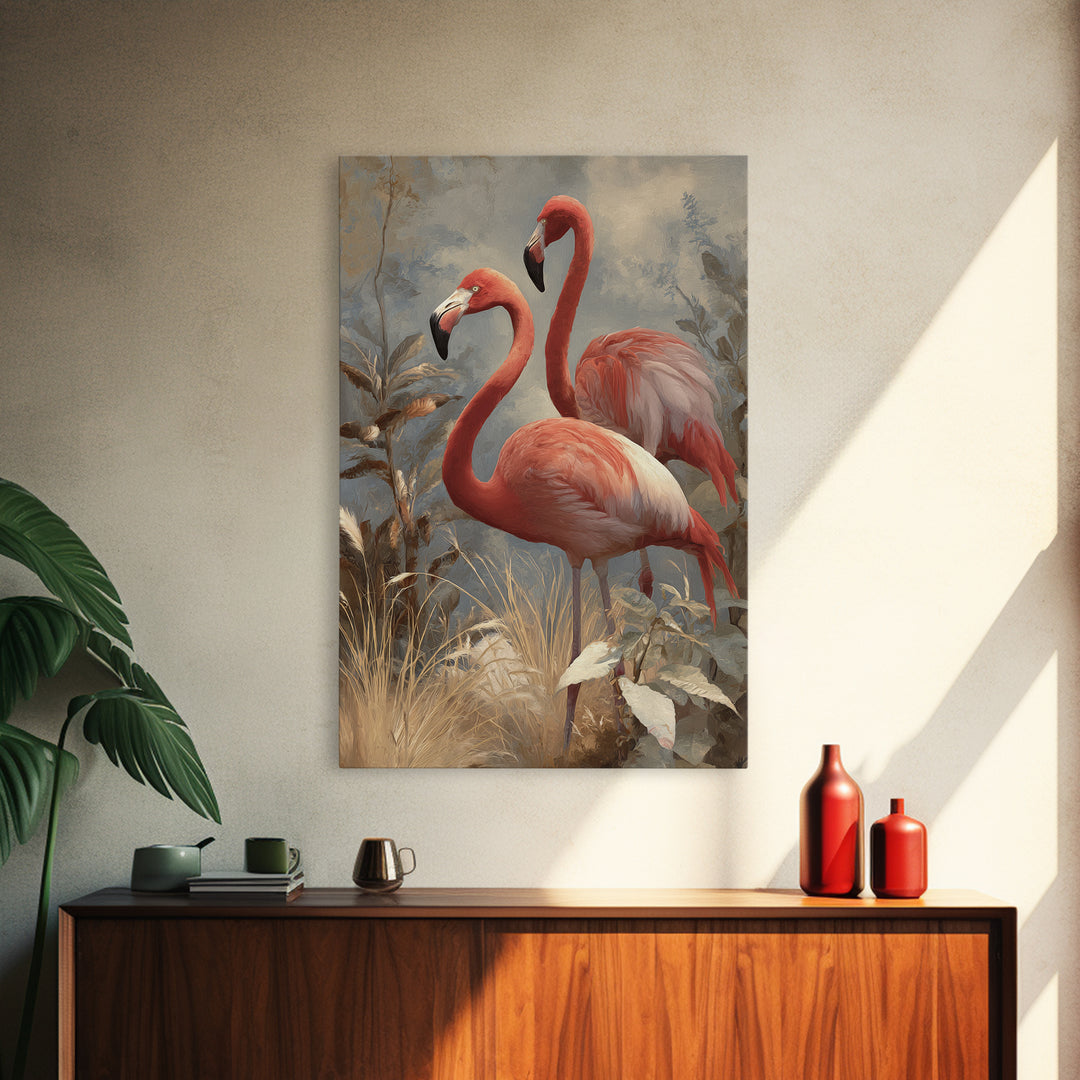Flamingo Pair in Elegant Coral and Cream Canvas Print, Animal Art, Nursery Decor, Living Room Decor, Fine Art, Creature, ANI-2x3-99