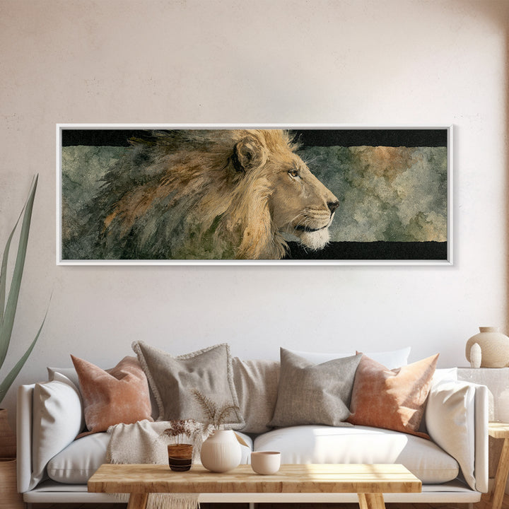 Regal Lion Profile Framed Canvas Print, Animal Art, Art Deco, Living Room Decor, Creature, Cat Art, Safari Nursery Decor, ANI-3x1-1