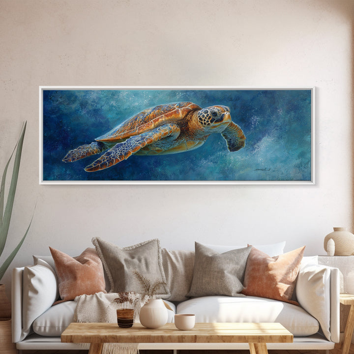 Sea Turtle Drifting Through Luminous Blue Water Framed Canvas Print, Animal Art, Home Decor, Living Room Decor, Creature, ANI-3x1-10