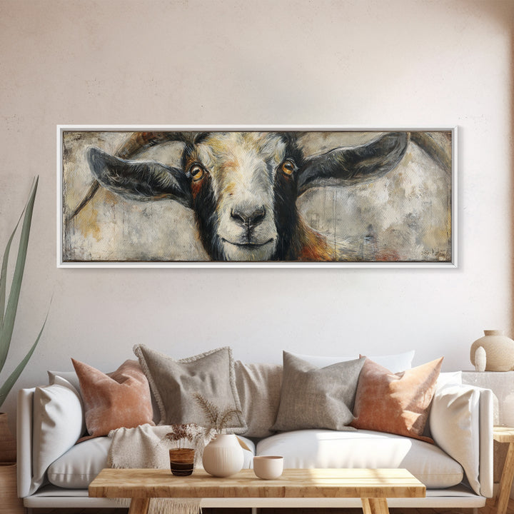 Goat Portrait with Rustic Folk Art Personality Canvas Print, Animal Art, Oil Painting, Living Room Decor, Fine Art, Creature, ANI-3x1-13