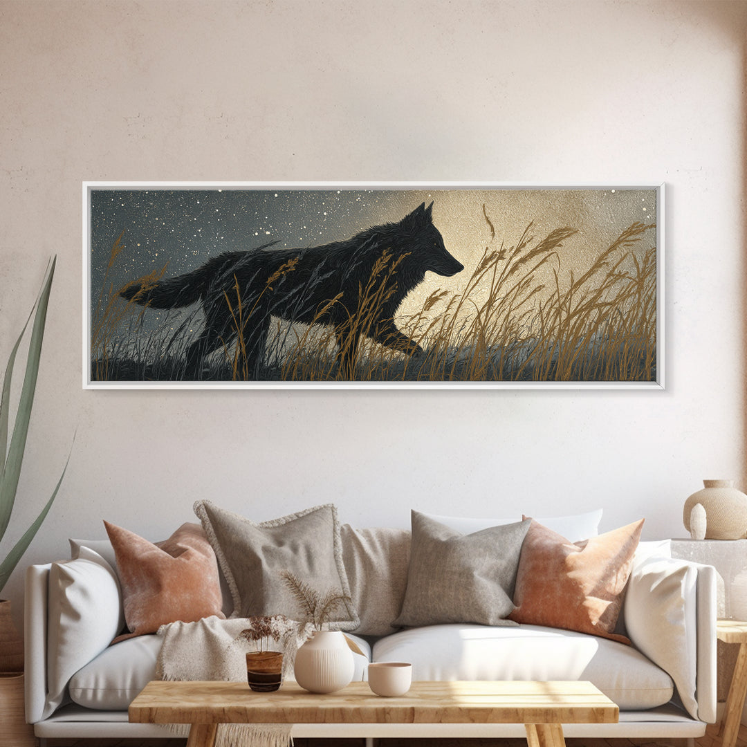 Wolf Silhouette Beneath a Star Filled Sky Canvas Print, Animal Art, Colorful Wall Art, Living Room Decor, Fine Art, Creature, ANI-3x1-14