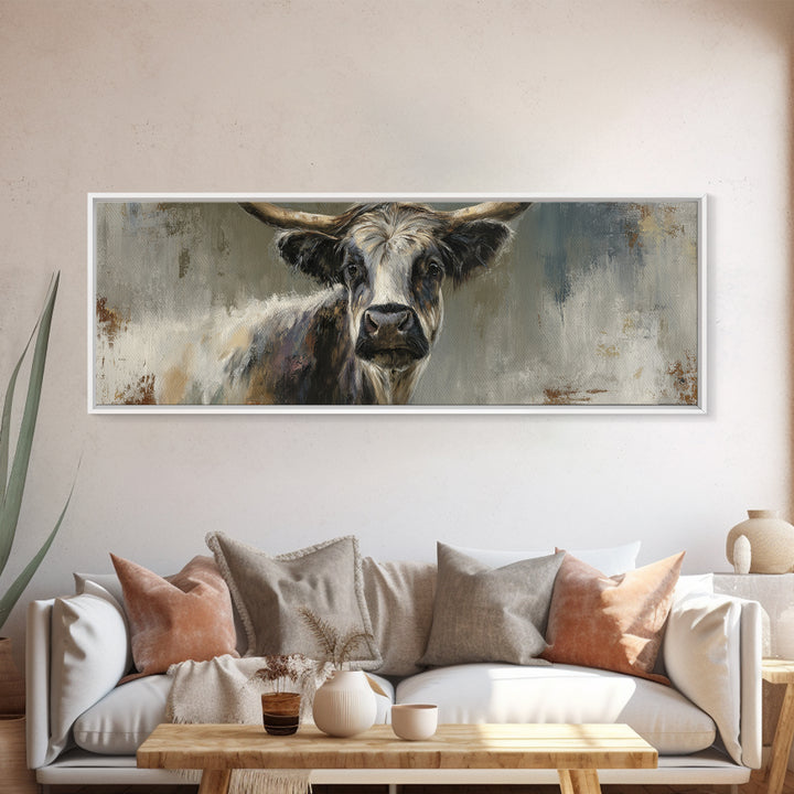 Gentle Cow Portrait Framed Canvas Print, Animal Art, Boho Decor, Living Room Decor, Oil Painting, Creature, Digital Prints, ANI-3x1-23