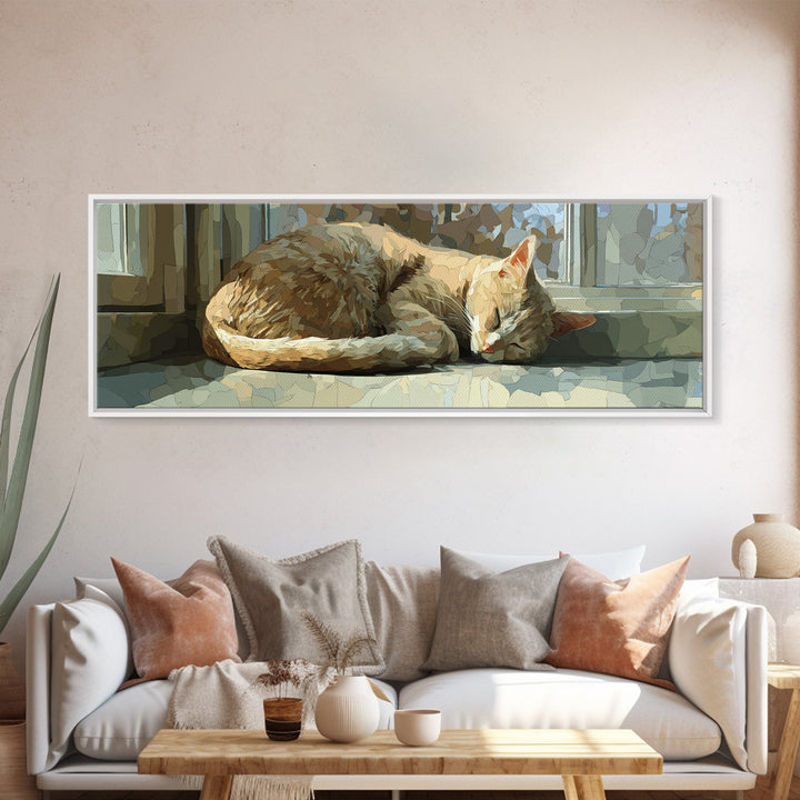 Sleeping Cat Curled Framed Canvas Print, Animal Art, Trendy Wall Art, Living Room Decor, Oil Painting, Creature, ANI-3x1-28