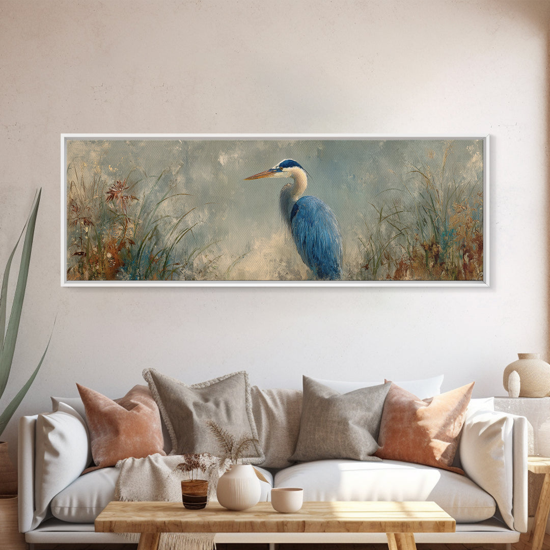 Blue Heron Standing Canvas Print, Animal Art, Gallery Decor, Living Room Decor, Fine Art, Creature, Contemporary Art, ANI-3x1-3