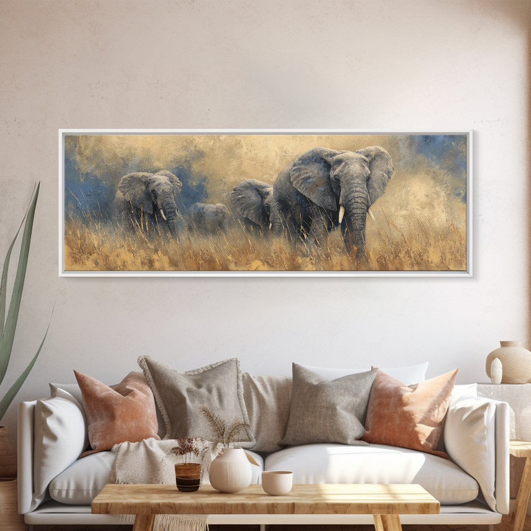 Elephant Family Walking Through Dusty Golden Light Canvas Print, Animal Art, Wall Art, Living Room Decor, Fine Art, Creature, ANI-3x1-30