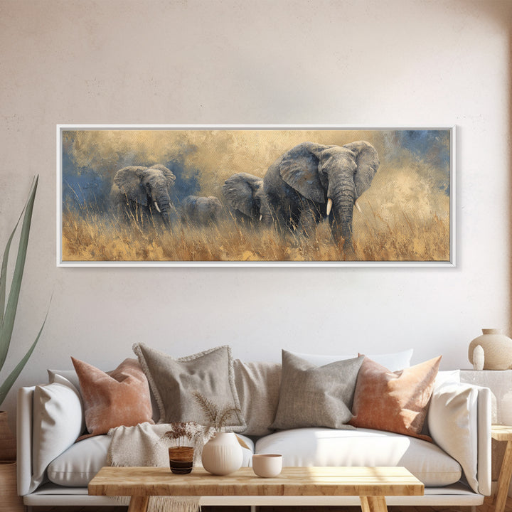 Elephant Family Walking Through Dusty Golden Light Canvas Print, Animal Art, Wall Art, Living Room Decor, Fine Art, Creature, ANI-3x1-30