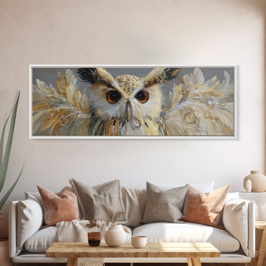 Owl with Moonlit Feathers and Celestial Accents Canvas Print, Animal Art, Luxury Decor, Living Room Decor, Abstract Art, ANI-3x1-31