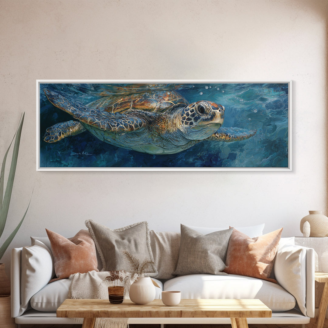 Sea Turtle Drifting Through Luminous Blue Water Canvas Print, Animal Art, Digital Art, Living Room Decor, Abstract Art, ANI-3x1-34