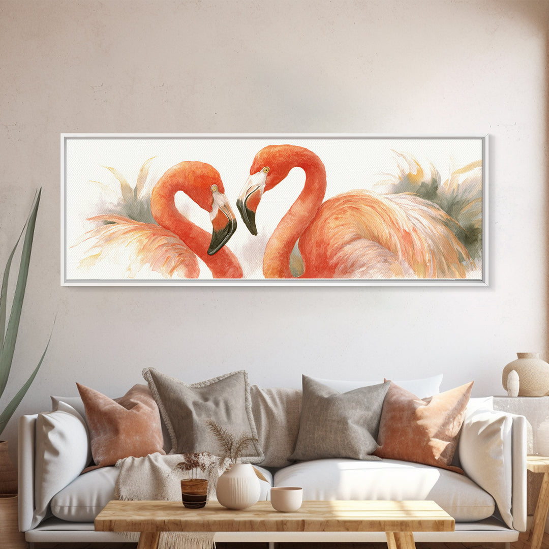 Flamingo Pair in Elegant Coral and Cream Canvas Print, Animal Art, Art Print, Living Room Decor, Creature, Digital Art, ANI-3x1-35