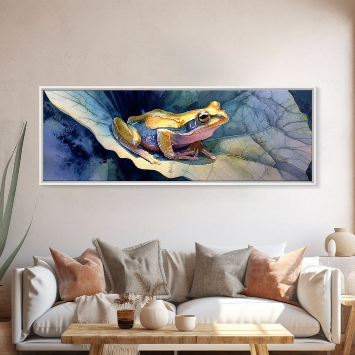 Frog on a Lotus Leaf Canvas Print, Animal Art, Downloadable Art, Living Room Decor, Fine Art, Creature, Minimalist Decor, ANI-3x1-36