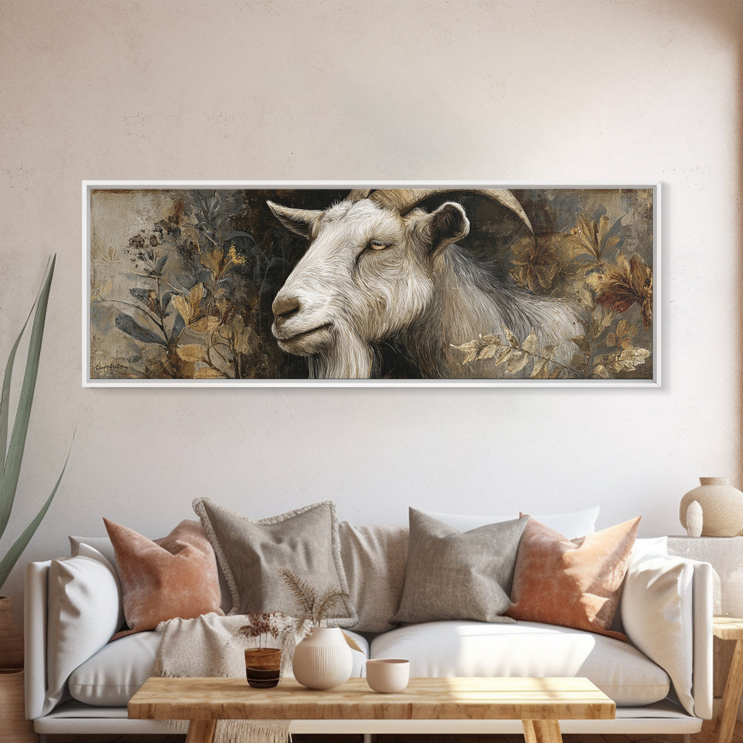 Goat Portrait with Rustic Folk Art Personality Framed Canvas Print, Animal Art, Digital Print, Living Room Decor, Creature, ANI-3x1-37