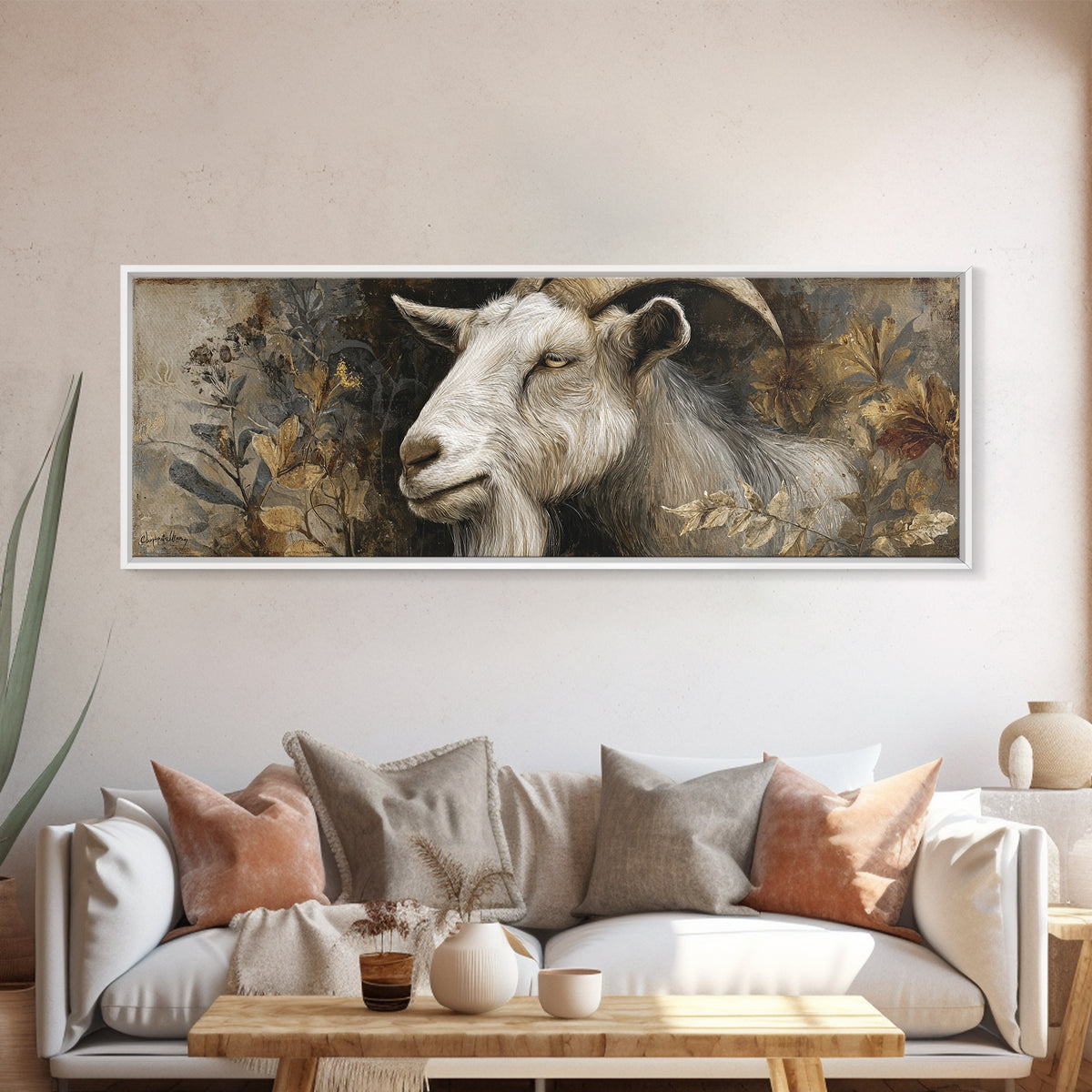 Goat Portrait with Rustic Folk Art Personality Framed Canvas Print, Animal Art, Digital Print, Living Room Decor, Creature, ANI-3x1-37