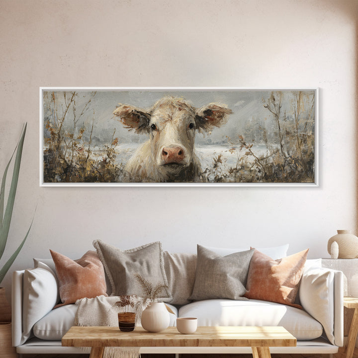 Gentle Cow Portrait Framed Canvas Print, Animal Art, Wall Decor, Living Room Decor, Fine Art, Creature, Nursery Wall Art, ANI-3x1-47