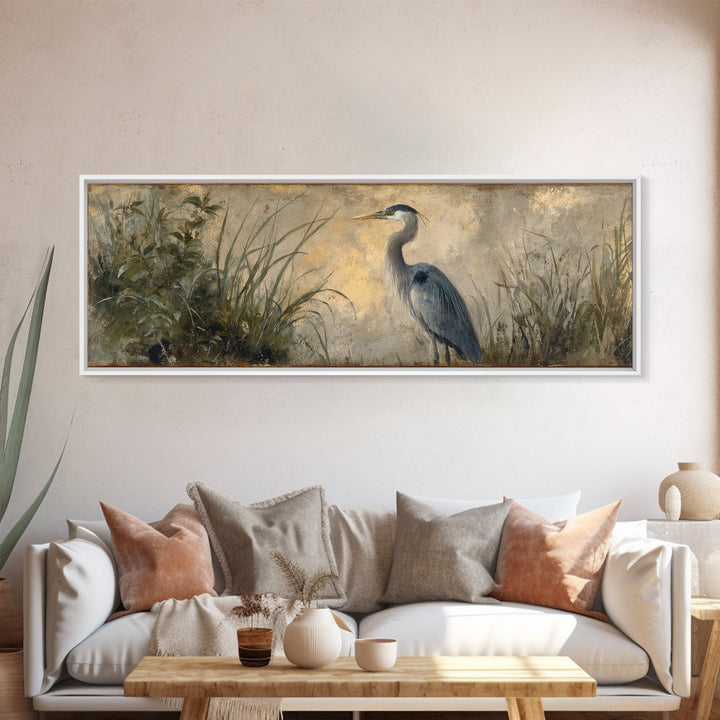 Blue Heron Standing Framed Canvas Print, Animal Art, Decor, Living Room Decor, Fine Art, Creature, Digital Print, Printable Art, ANI-3x1-51