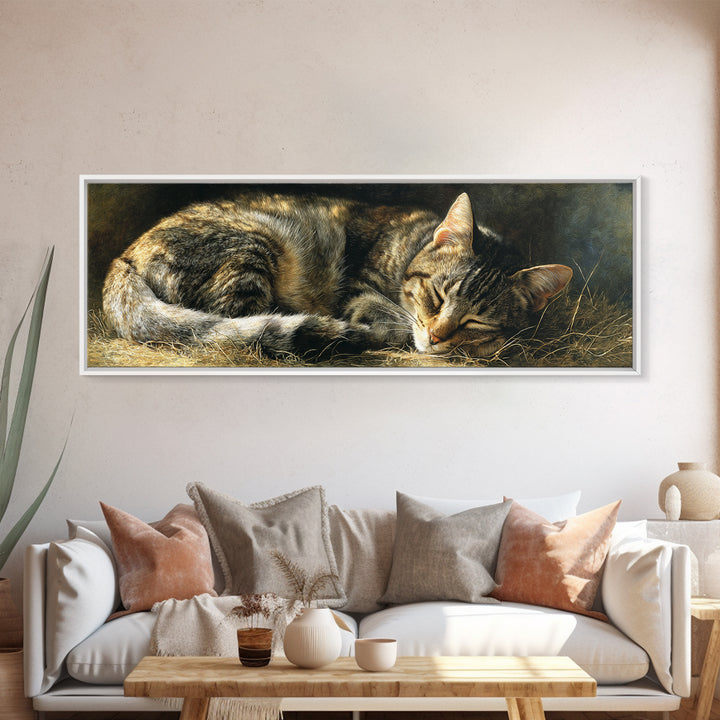 Sleeping Cat Curled Framed Canvas Print, Animal Art, Room Decor, Living Room Decor, Abstract Art, Creature, Printable, ANI-3x1-52