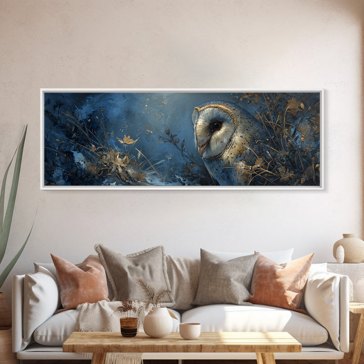 Owl with Moonlit Feathers and Celestial Accents Framed Canvas Print, Animal Art, Contemporary Art, Living Room Decor, Creature, ANI-3x1-55