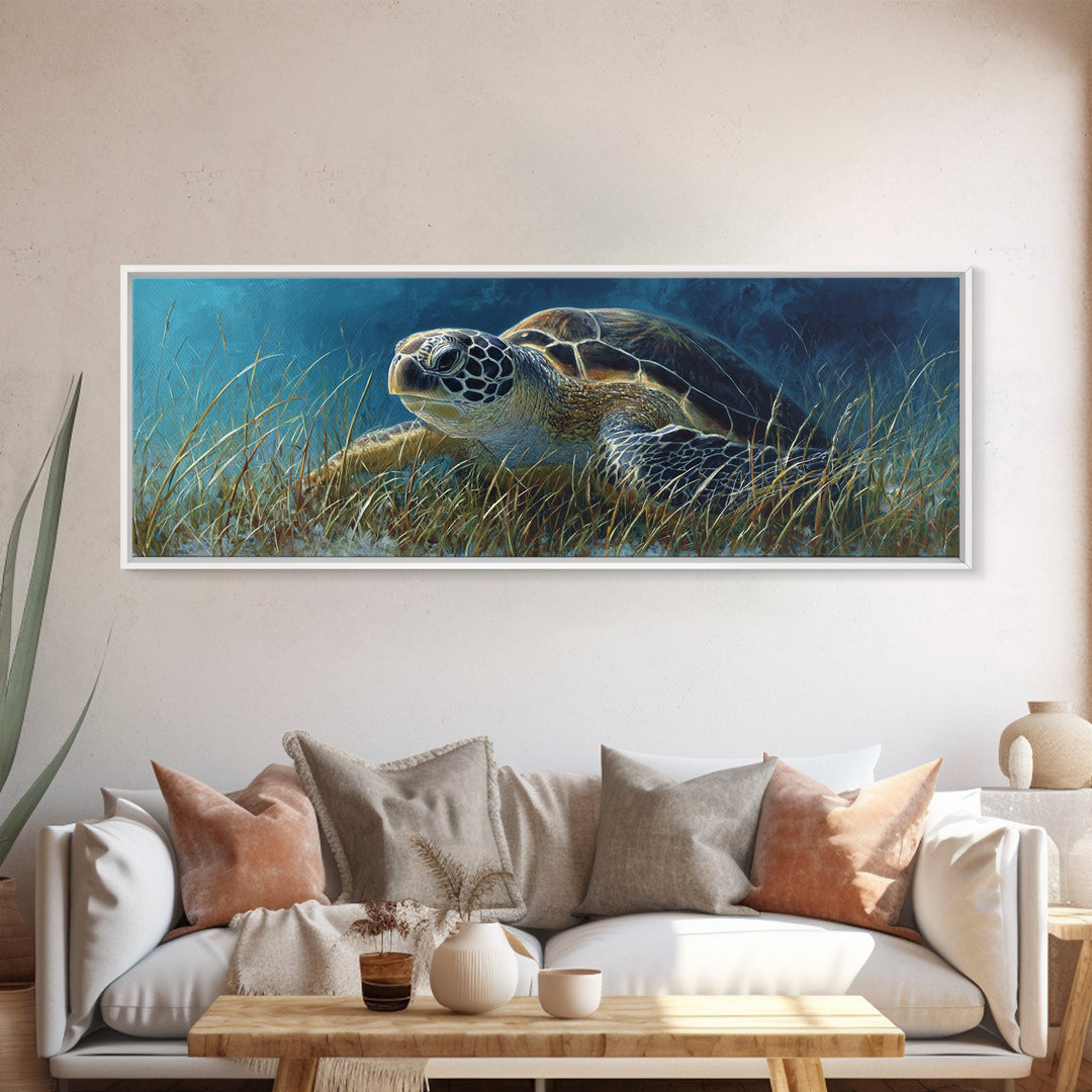 Sea Turtle Drifting Through Luminous Blue Water Framed Canvas Print, Animal Art, Nursery Decor, Living Room Decor, Creature, ANI-3x1-58