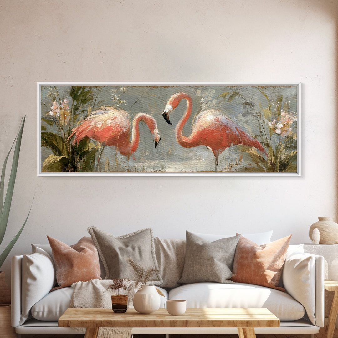 Flamingo Pair in Elegant Coral and Cream Framed Canvas Print, Animal Art, Wall Art, Living Room Decor, Fine Art, Creature, ANI-3x1-59