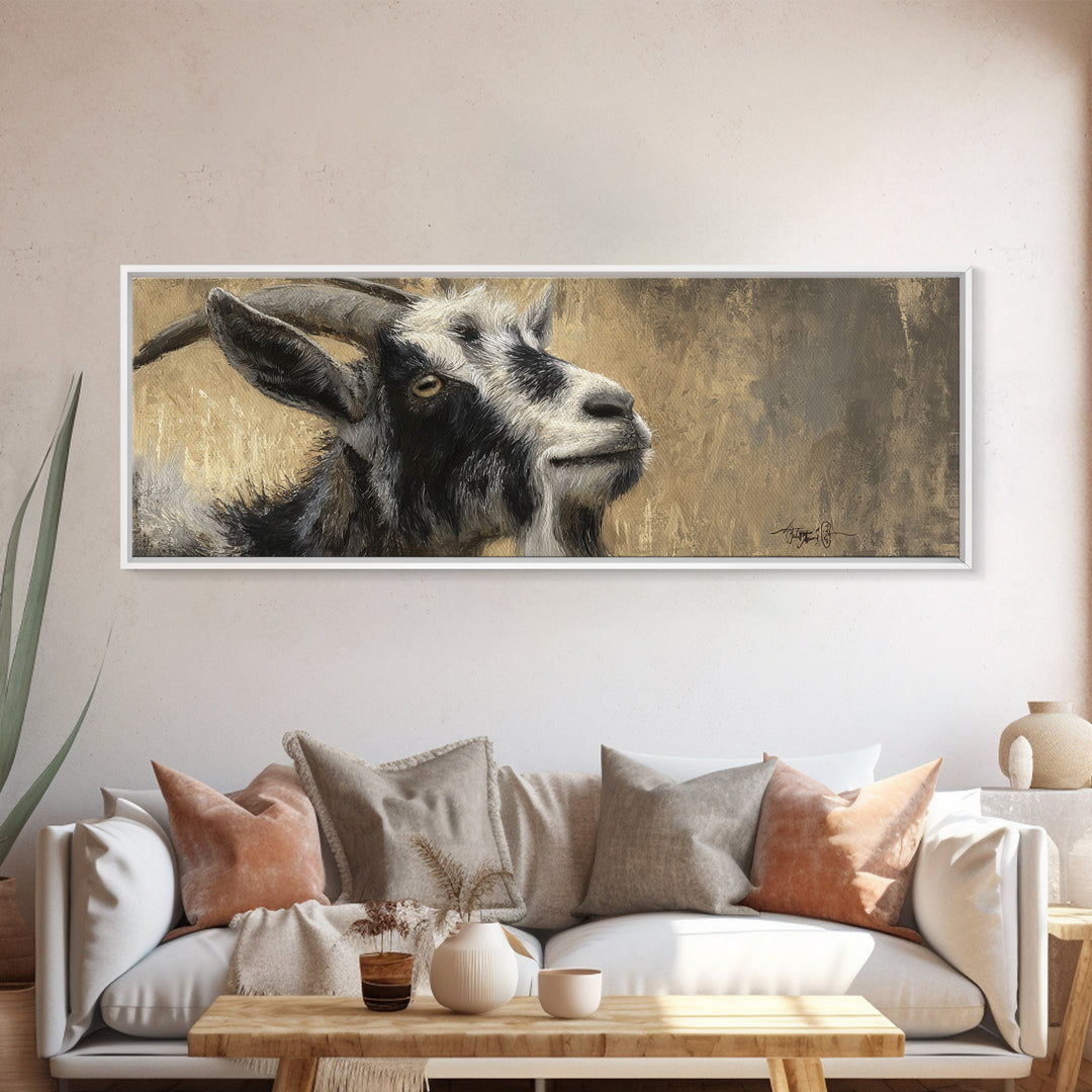 Goat Portrait with Rustic Folk Art Personality Canvas Print, Animal Art, Boho Wall Art, Living Room Decor, Oil Painting, ANI-3x1-61
