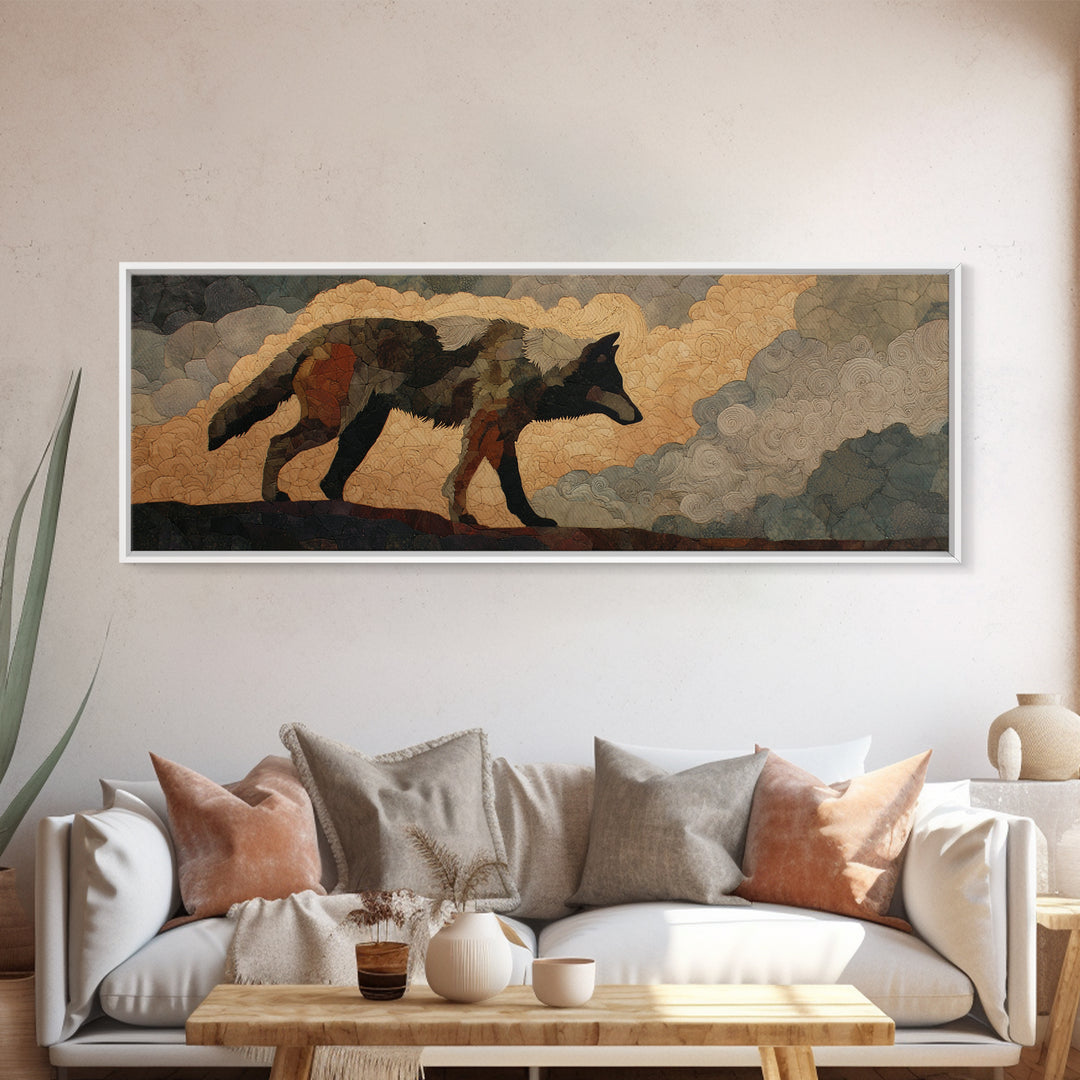 Wolf Silhouette Beneath a Star Filled Sky Canvas Print, Animal Art, Gallery Decor, Living Room Decor, Oil Painting, Creature, ANI-3x1-62