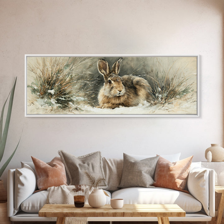 Curious Rabbit in a Soft Watercolor Meadow Framed Canvas Print, Animal Art, Modern Wall Art, Living Room Decor, Creature, ANI-3x1-69