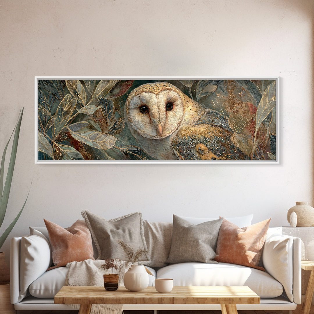 Owl with Moonlit Feathers and Celestial Accents Framed Canvas Print, Animal Art, Neutral Decor, Living Room Decor, Creature, ANI-3x1-7