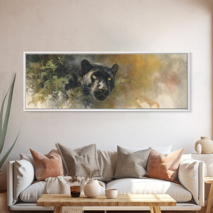 Dramatic Black Panther Emerging from Deep Jungle Canvas Print, Animal Art, Art Print, Living Room Decor, Oil Painting, Creature, ANI-3x1-70