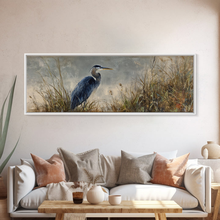 Blue Heron Standing Canvas Print, Animal Art, Original Painting, Living Room Decor, Fine Art, Creature, Boho Wall Art, ANI-3x1-75
