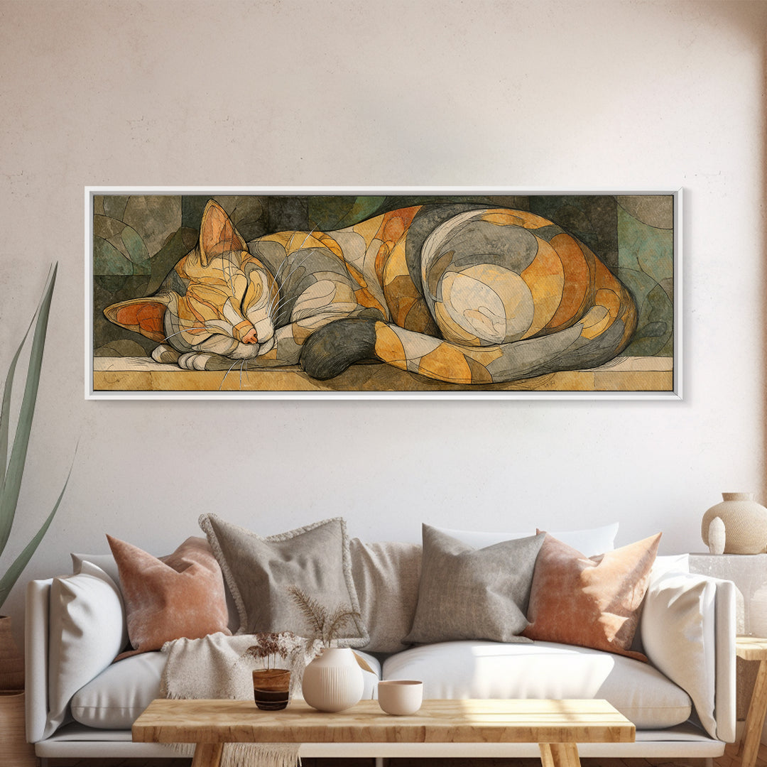 Sleeping Cat Curled Canvas Print, Animal Art, Home Decor, Living Room Decor, Fine Art, Creature, Art Deco, Original Art, ANI-3x1-76