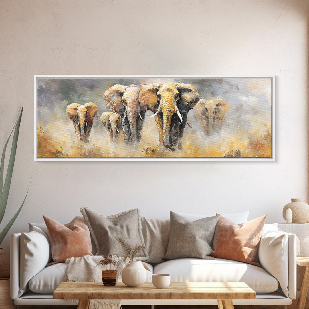Elephant Family Walking Through Dusty Golden Light Canvas Print, Animal Art, Art, Living Room Decor, Fine Art, Creature, ANI-3x1-78
